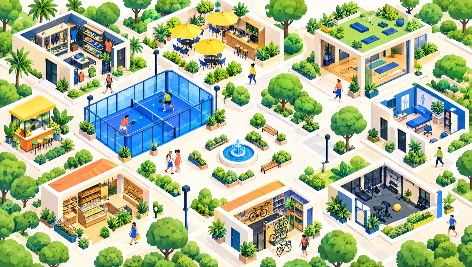 An illustration of a neighbourhood of small businesses on one shared map