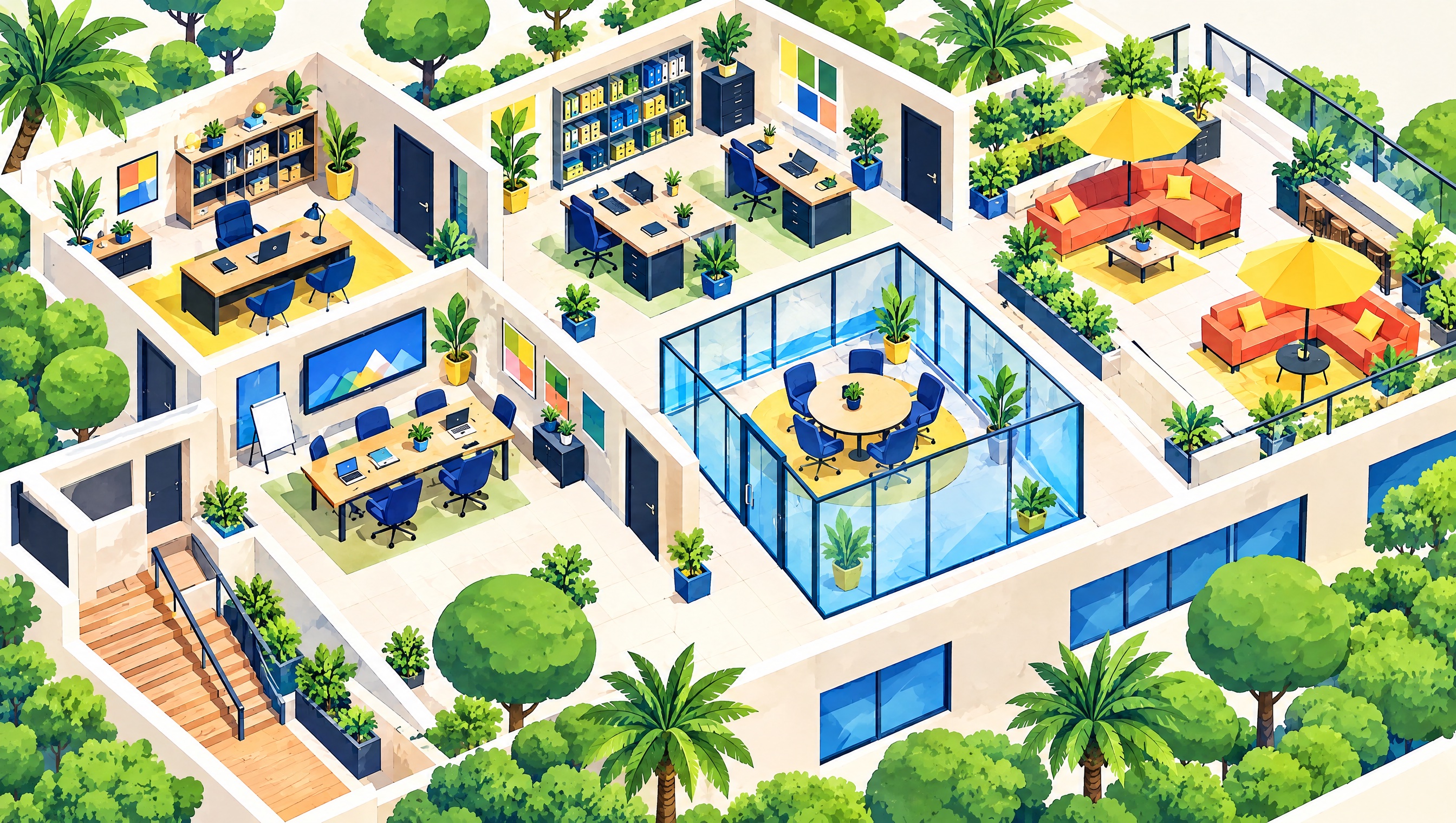 An illustrated upper floor of a building with a corner office, a project room, a meeting room and a roof terrace