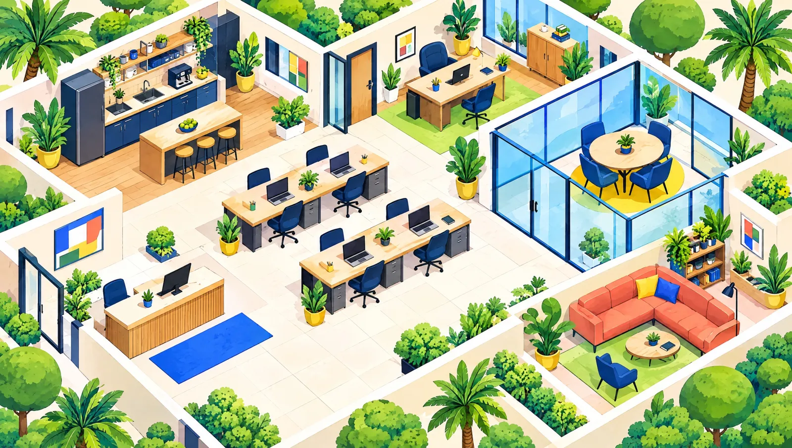 An illustrated office seen from above. Four AI employees walk in and take their places.